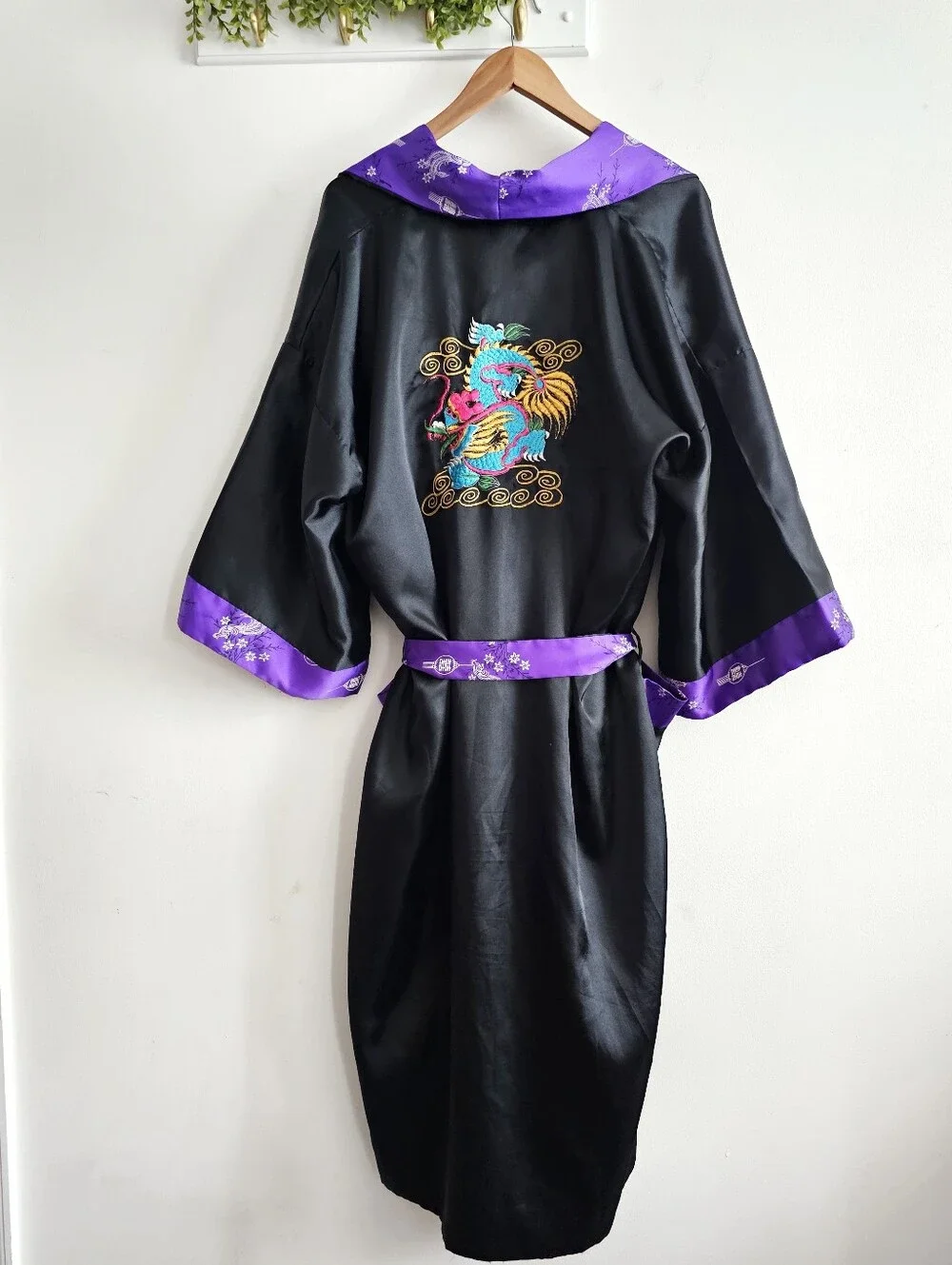 Vintage Chinese Reversible Silky Kimono Robe Embroidered Dragon Purple Black